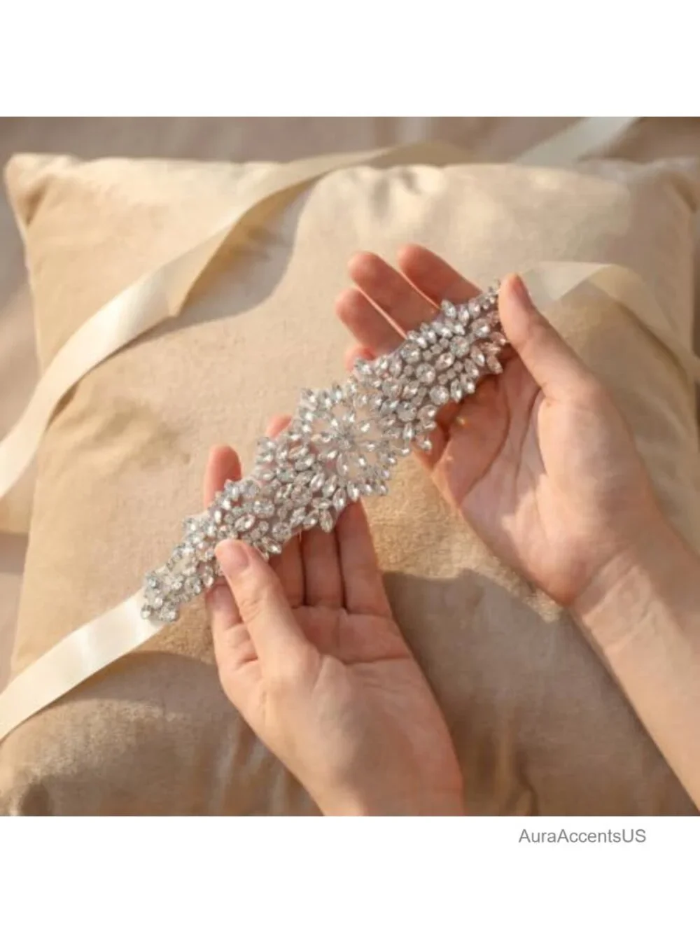 Handmade Rhinestone Bridal Belt with Ivory Ribbon Crystal Belt